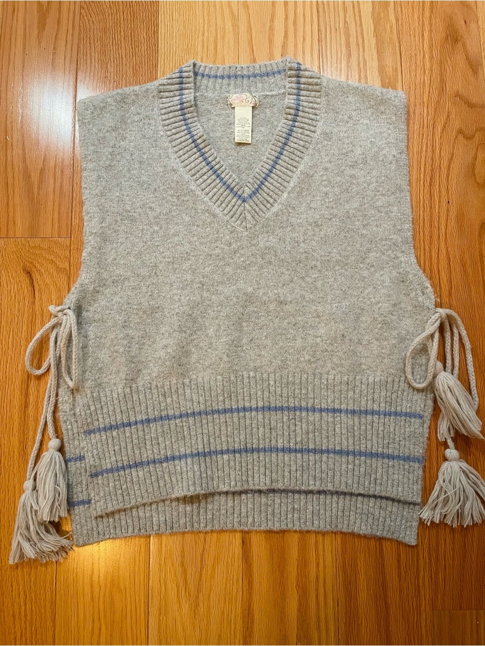 Free People Gray V-Neck Sweater Vest with Blue Trim
